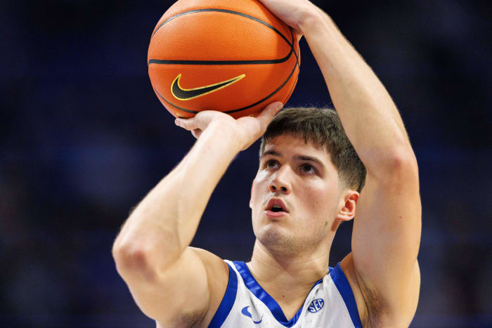Dec 2, 2023; Lexington, Kentucky, USA; Kentucky Wildcats guard Reed Sheppard shoots a free-throw during the second half against the North Carolina-Wilmington Seahawks at Rupp Arena at Central Bank Center. Mandatory Credit: Jordan Prather-USA TODAY Sports